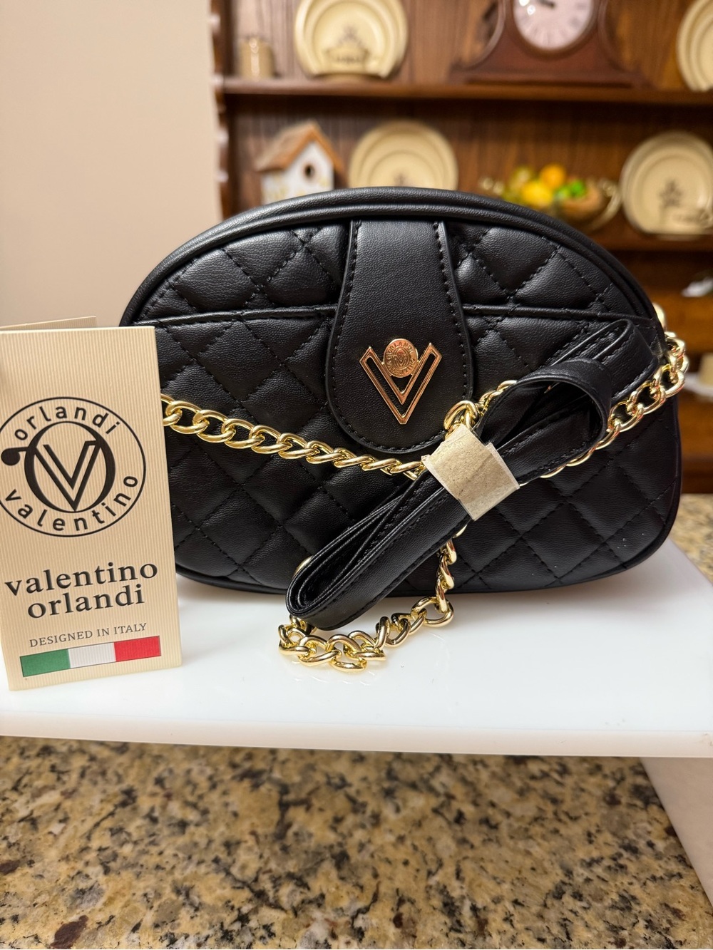 Valentino Orlandi Black Quilted Oval Crossbody with Gold Chain